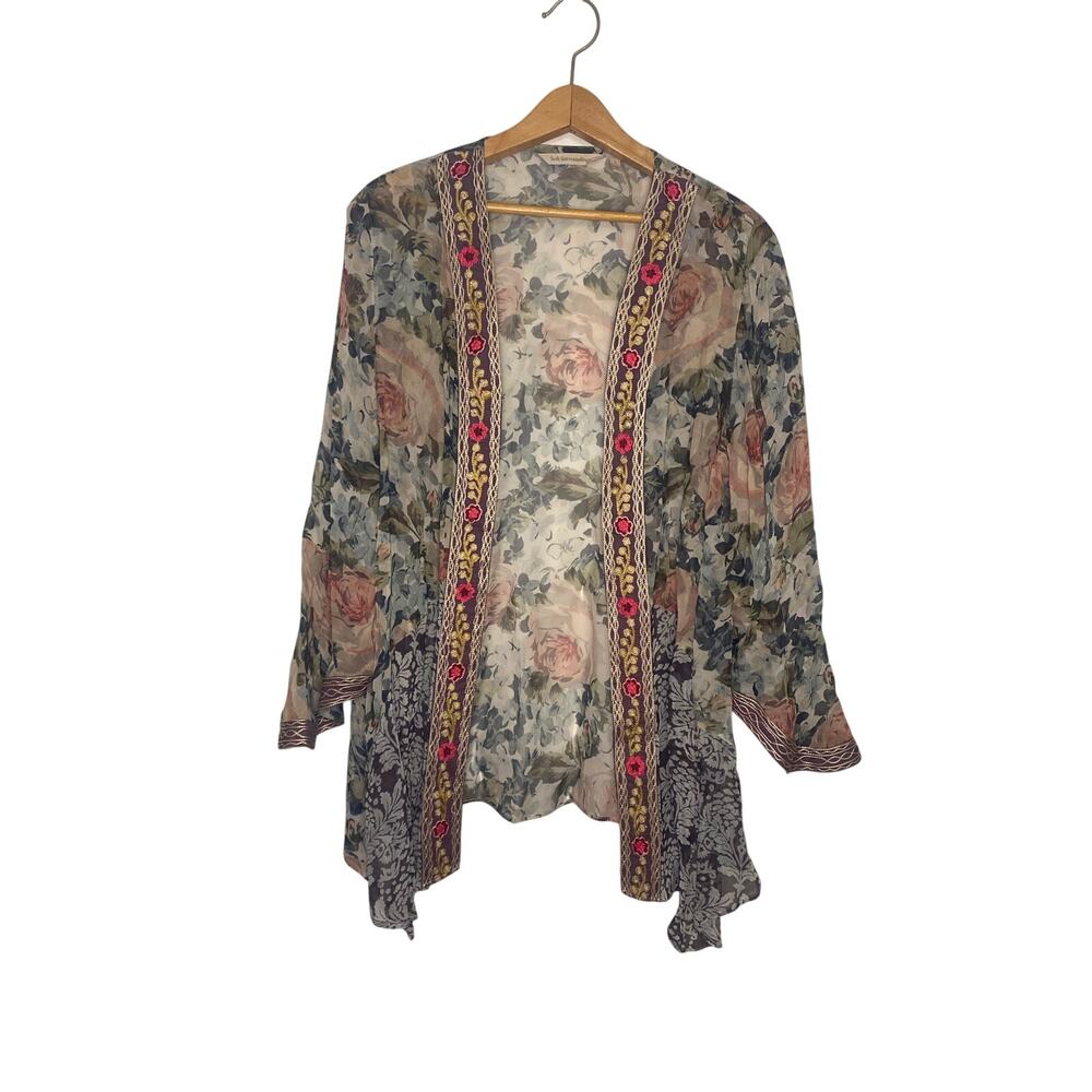 Soft Surroundings Open Kimono Large Botanical‎ Fairy Embroidered Boho Size Large